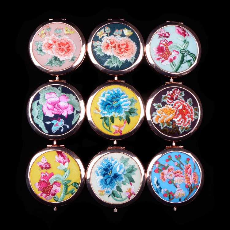 唐河化妆随身镜精品出国送礼刺绣中国风古风摄影 手绣镜子